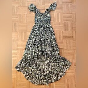 Floral Green Midi Dress with smocking and flutter sleeves